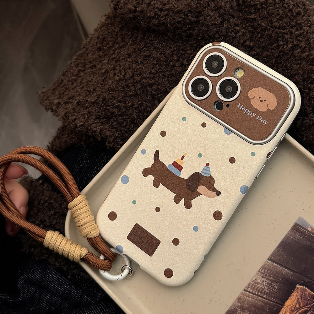 ins dachshund leather for iphone16pro max mobile phone case 15 apple 17 retro hand strap 14 soft cover