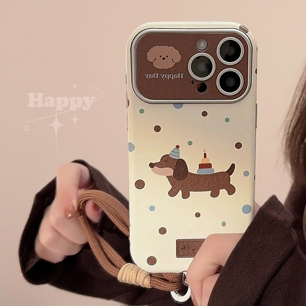 ins dachshund leather for iphone16pro max mobile phone case 15 apple 17 retro hand strap 14 soft cover