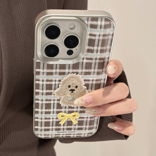 チェック柄刺繍子犬アップル 16 携帯電話ケース 17promax iPhone15 レトロレザー 11 アンチドロップ 14