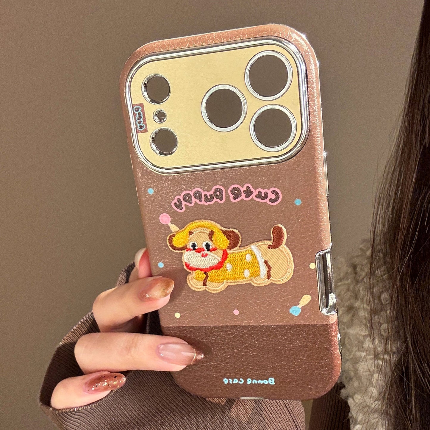 Embroidery cat puppy iphone17promax apple 16 mobile phone case 15 for 13 colored leather 11 mirror
