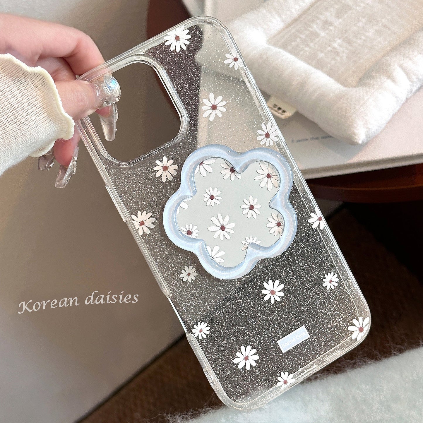 Flower mirror bracket Apple 16promax mobile phone case 17 for iphone15 glitter 13 small fresh blue