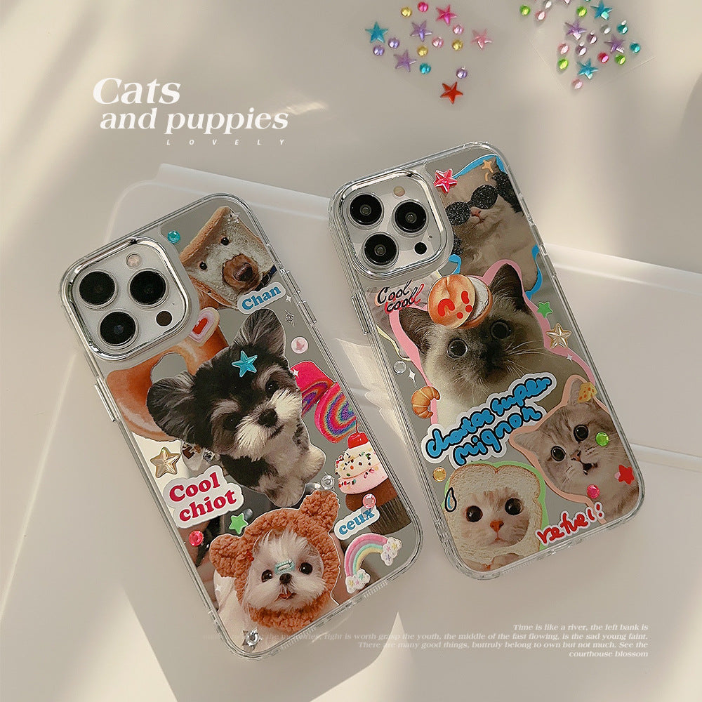 Drill sticker cat and dog iPhone16 iPhone case 17promax electroplated mirror 15 cute 12 suitable for 13 generations