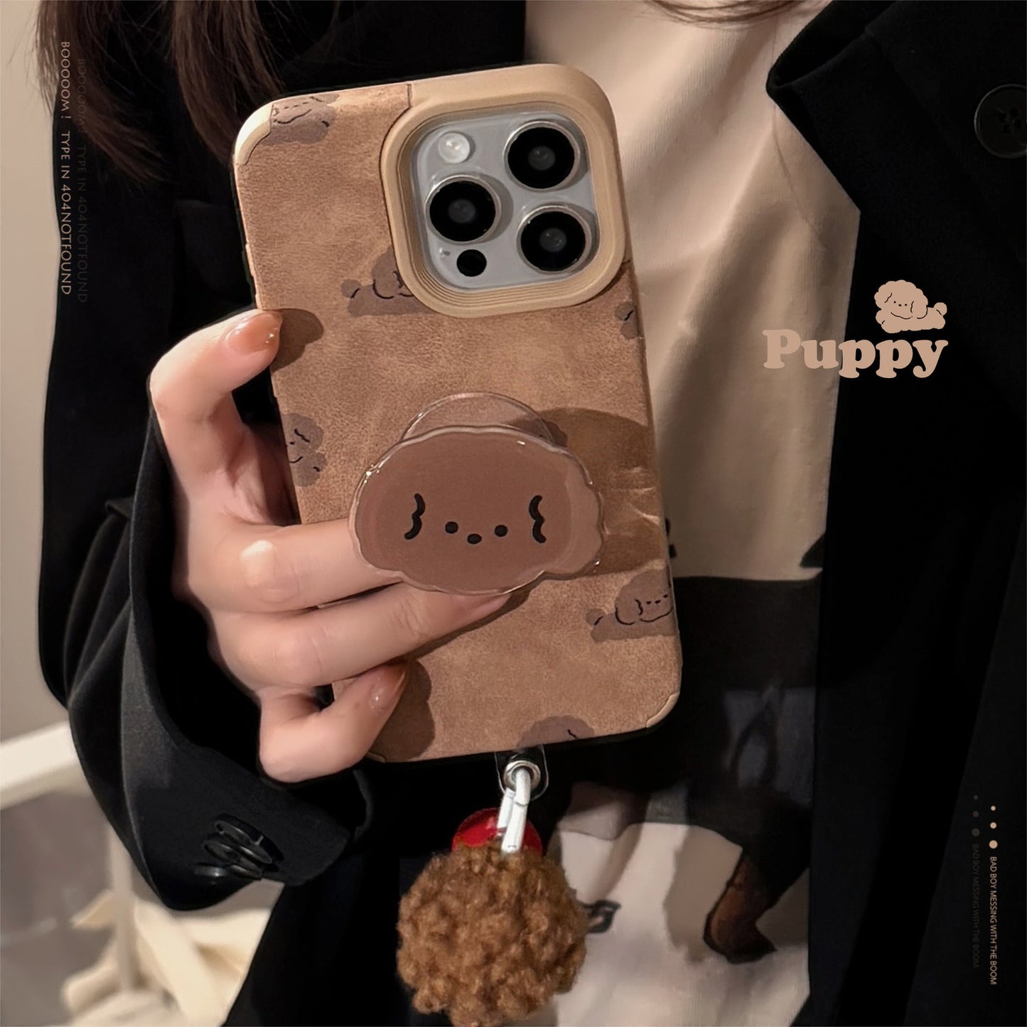 ins leather brown dog for iphone16 iphone case 14pro max retro bracket 15 pom-pom 17
