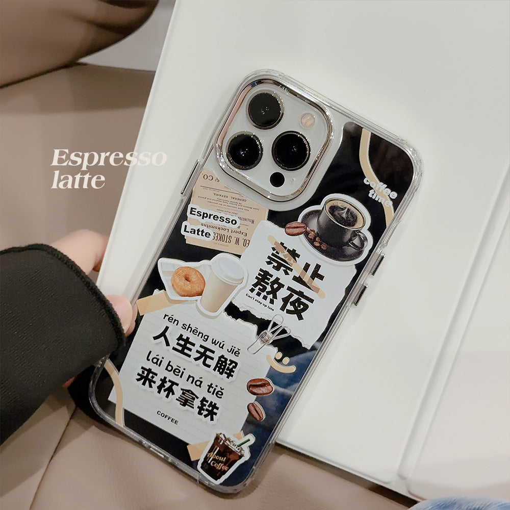 It is forbidden to stay up late at 17promax Apple phone case, suitable for iphone15 premium 16 all-inclusive 11 coffee mirror 12.