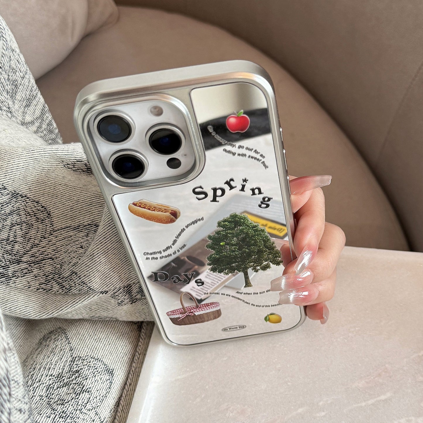 Spring picnic is suitable for Apple 15promax mobile phone case iphone16 mirror 17 electroplating hard 14 Korean Huawei