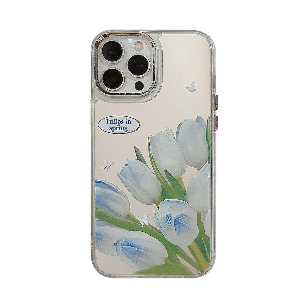 Temperament gentle blue tulip iphone16 for 17promax apple 15 mobile phone case flower makeup mirror 11 hard