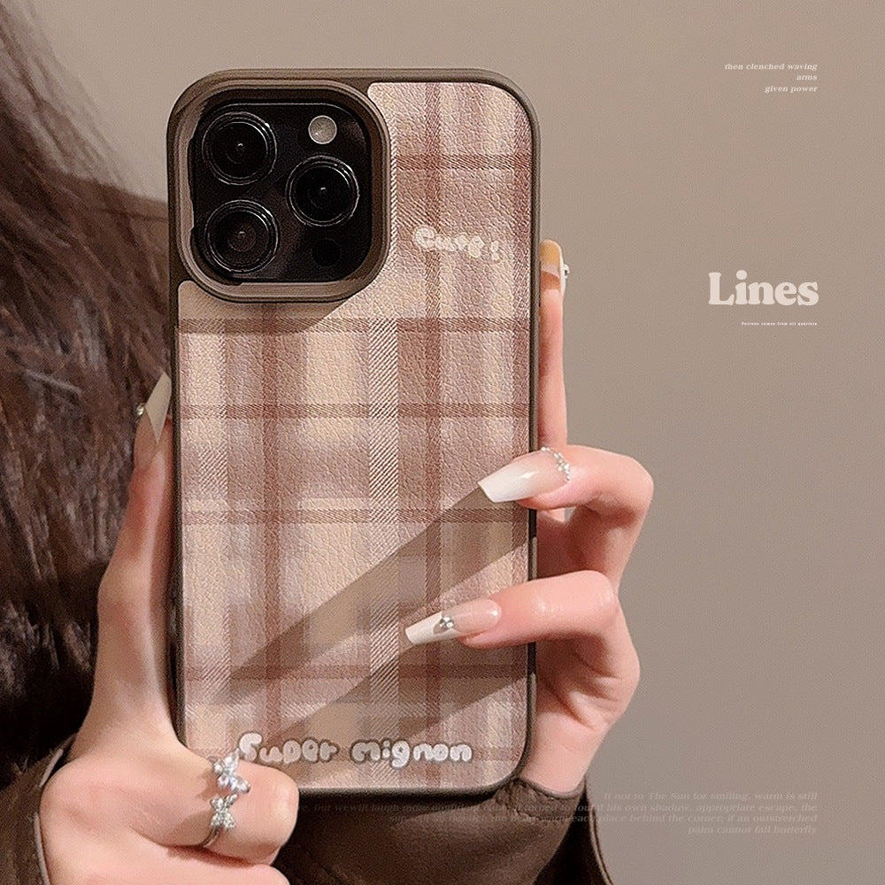 Maillard brown plaid iPhone16 mobile phone case Apple 17 Pro leather 11 suitable for 13 generations 12 autumn and winter max