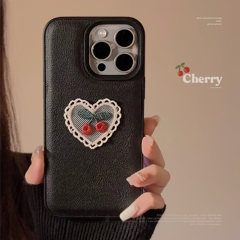 Embroidery love cherry for Apple 15 mobile phone case iPhone16promax leather 11 temperament 13 anti-drop 17