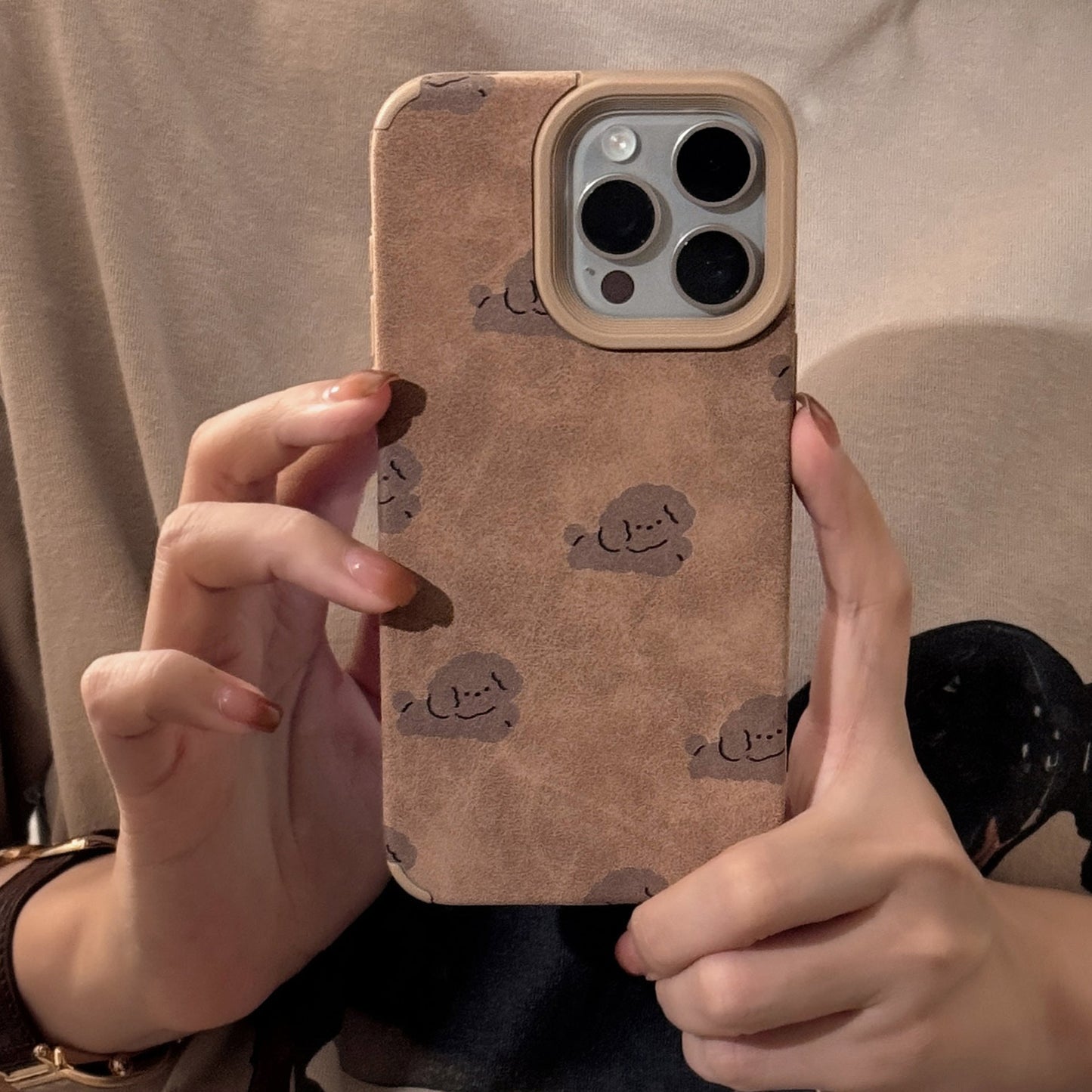 ins leather brown dog for iphone16 iphone case 14pro max retro bracket 15 pom-pom 17