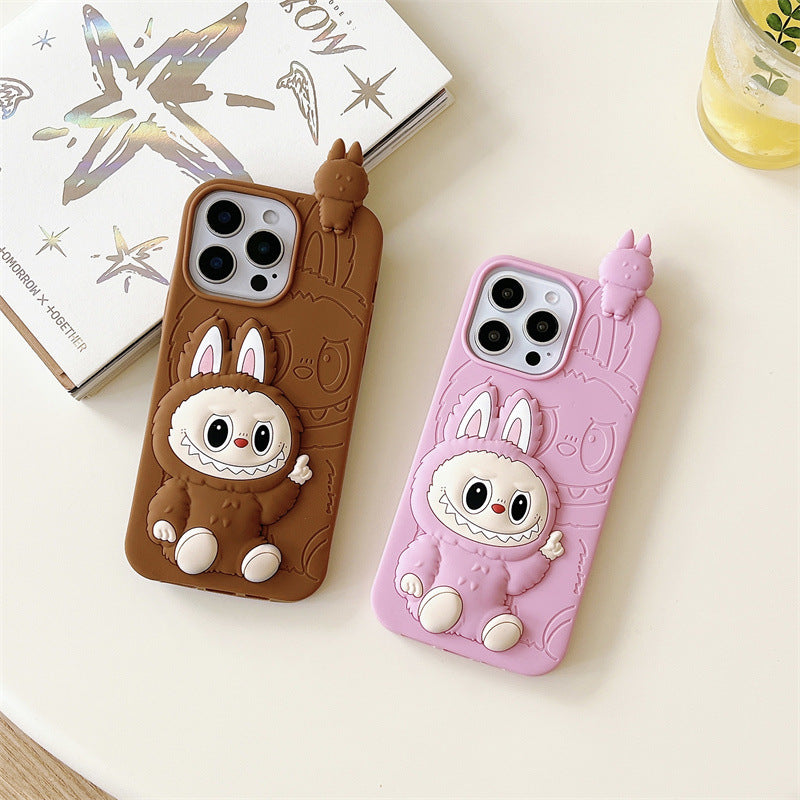 Söpö sarjakuva Labubu 3d silikonikotelo | Ruskea vaaleanpunainen - iPhone-kuori