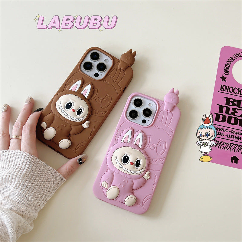 Söpö sarjakuva Labubu 3d silikonikotelo | Ruskea vaaleanpunainen - iPhone-kuori