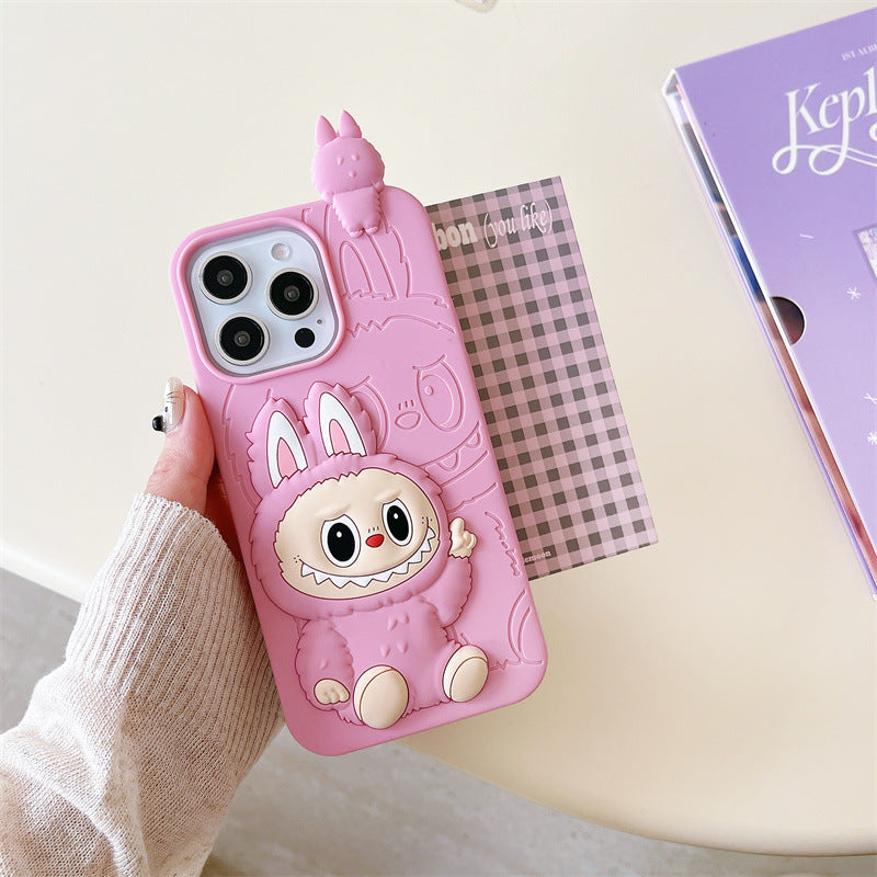 Söpö sarjakuva Labubu 3d silikonikotelo | Ruskea vaaleanpunainen - iPhone-kuori