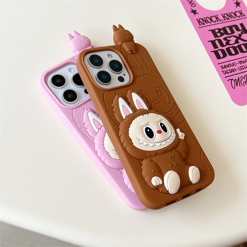 Söpö sarjakuva Labubu 3d silikonikotelo | Ruskea vaaleanpunainen - iPhone-kuori
