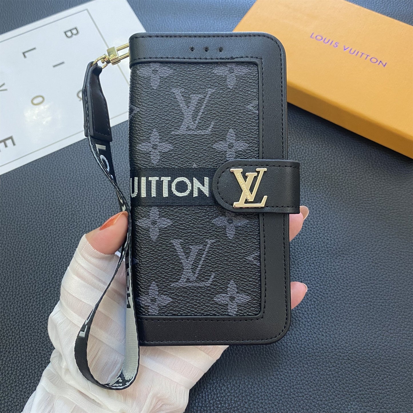 Monogram Leathar Fíor Préimhe Sealbhóir Cárta Sparán Canbhás Samsung Réaltra
