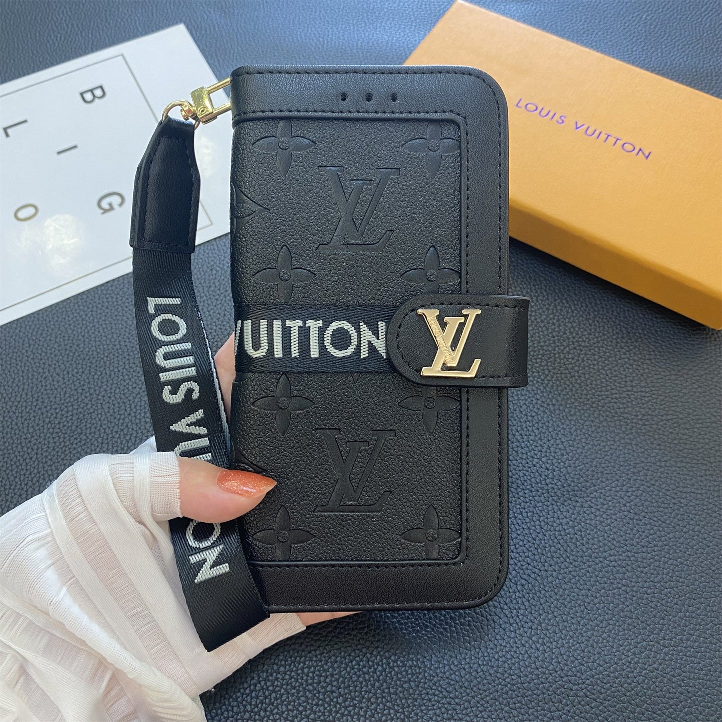Monogram Leathar Fíor Préimhe Sealbhóir Cárta Sparán Canbhás Samsung Réaltra