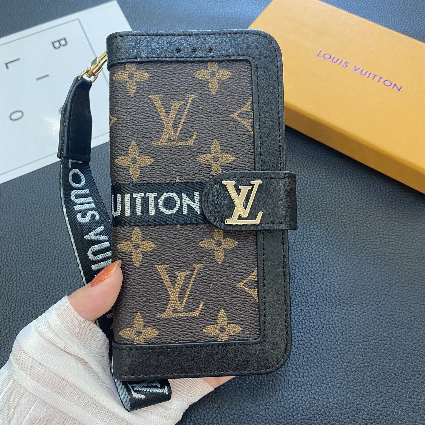 Monogram Leathar Fíor Préimhe Sealbhóir Cárta Sparán Canbhás Samsung Réaltra