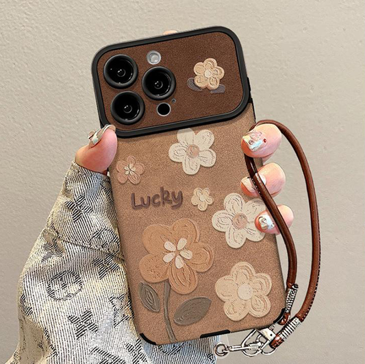 Husă pentru telefon din piele florală cu curea detașabilă la încheietură