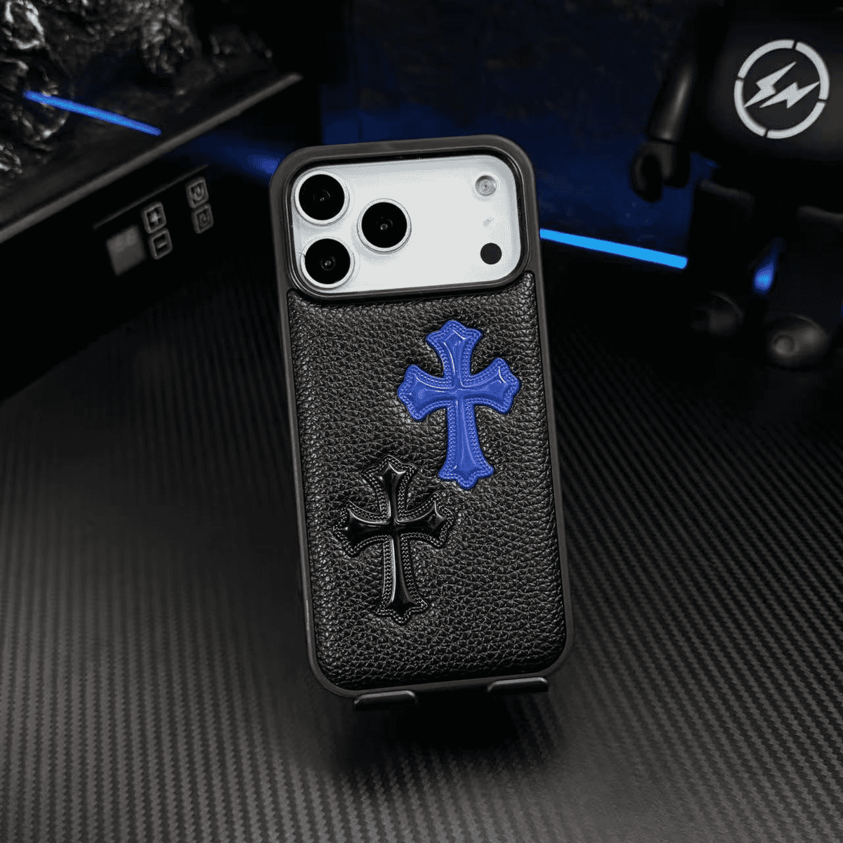 Telefonfodral med 3D-korspräglat lädertextur — Stötsäkert skyddsfodral
